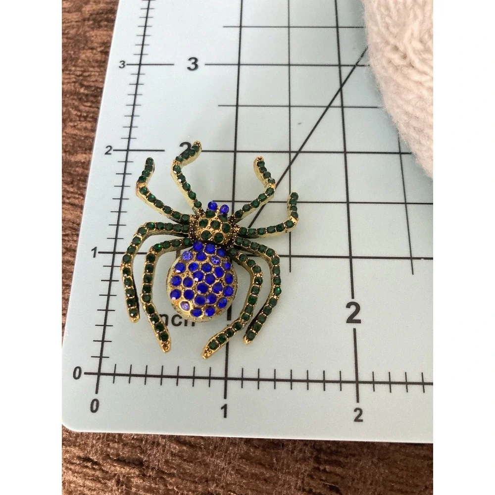Gold Tone Spider Brooch Pin Blue & Green Rhinestone Bug Insect Whimsical Novelty